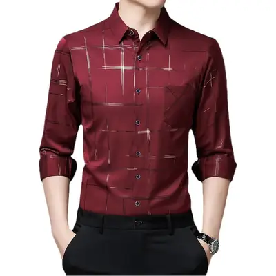 Men's Long Sleeve Button Down Shirt Maroon Geometric Print