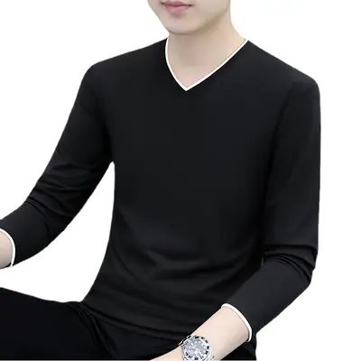 Men's Grey V-Neck Long Sleeve T-Shirt with Embroidered Logo
