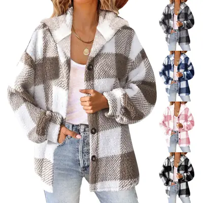 Green Plaid Hooded Button Jacket for Women