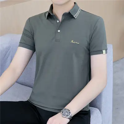 Men White Polo T-Shirt Short Sleeve Lapel Summer Casual