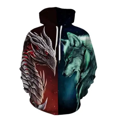 Men 3D Digital Print Hoodie Wolf Flame Design