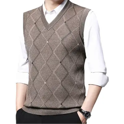 Men Grey V-Neck Knitted Vest 502 Thickened Polyester