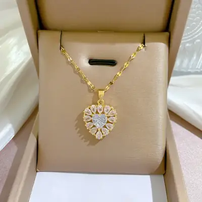 Heart Full Diamond Gold Plated Necklace for Women