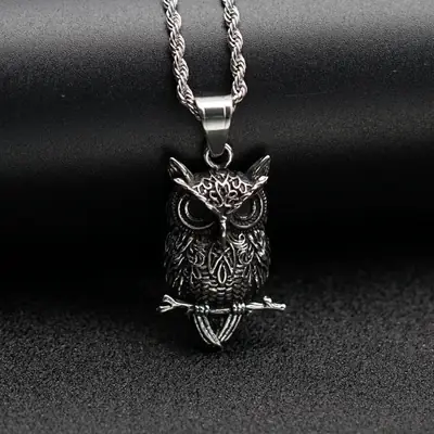 Titanium Steel Owl Pendant Necklace Black Retro Design