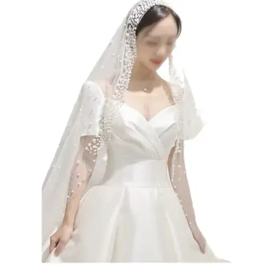 White Beaded Trailing Veil for Bridal Gown