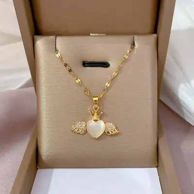Gold Angel Wing Necklace with Heart Opal Pendant