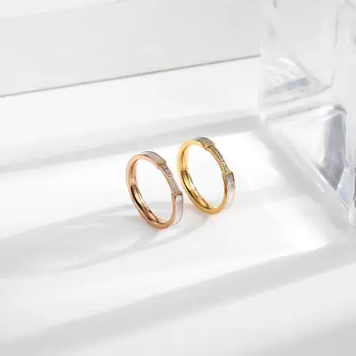 Gold Titanium Ring with Six Diamond Shells for Women