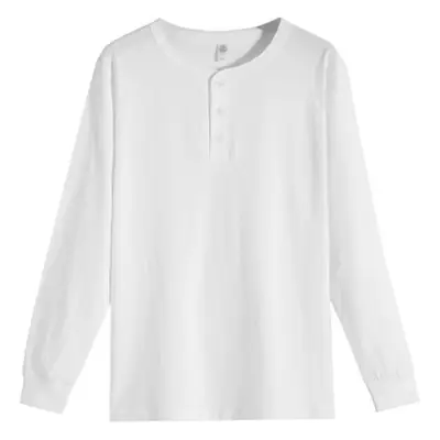 Men's White Henry Collar Long Sleeve T-Shirt 250g