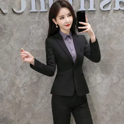 Women's Black College Suit Autumn Winter Professional Work Suit