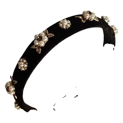 Black Velvet Pearl Camellia Headband with Gold Accents