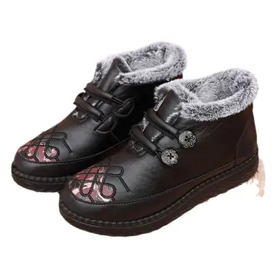 Black Embroidered Winter Women's Boots with Faux Fur Lining