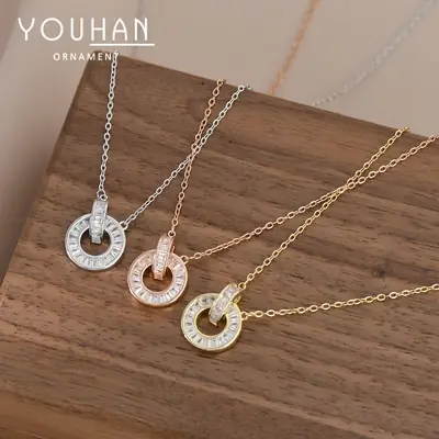 Real Gold Electroplated Zircon Double Ring Necklace for Women