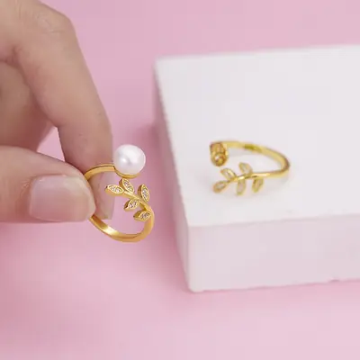 Natural Pearl Leaf Adjustable Ring for Women