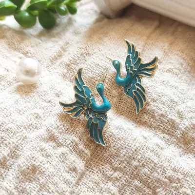 Blue Crane Earrings Chinese Handmade Enamel 941