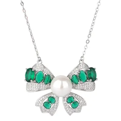 Green Fritillaria Pearl Bow Necklace Set with Ring & Pendant