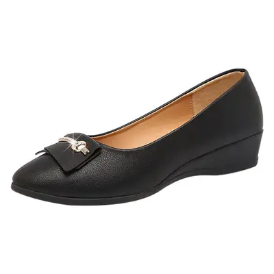 Women's Black Wedge Loafers with Pearl Bow