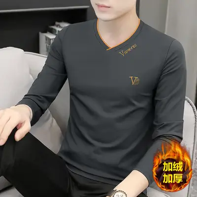 Men V-Neck Fox Velvet Long Sleeve T-Shirt Black