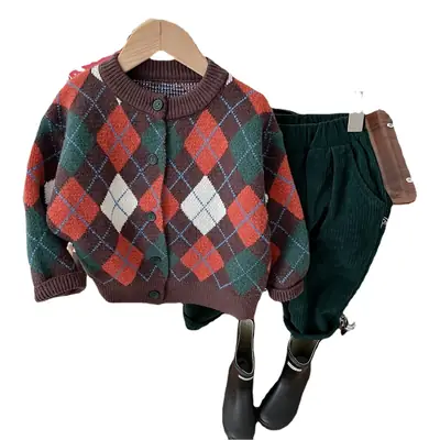 Children's 2025 Korean Style Knit Cardigan Argyle Sweater Set