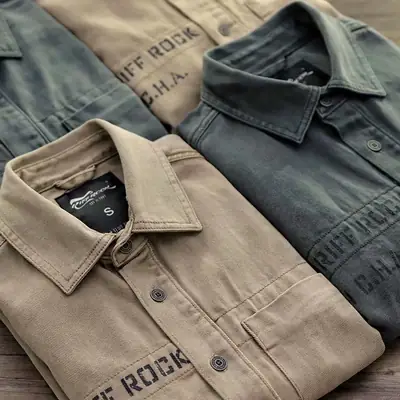 Men Japanese Ins Long Sleeve Shirt Tan