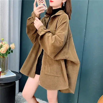 Women's Yellow Corduroy Hooded Shirt Mid-Length Loose Spring Autumn