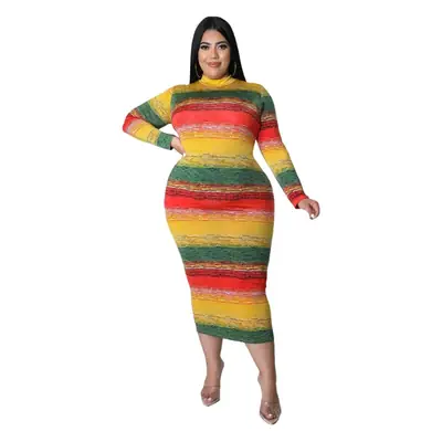 Printed Plus Size Long Sleeve Dress Green Orange