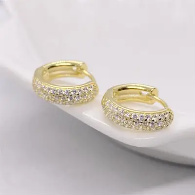 Cross-Border New S925 Sterling Silver Zircon Full Diamond Earrings Classic Three Rows of Diamonds Gold-Plated Girls' Ear Jewelry Wholesale