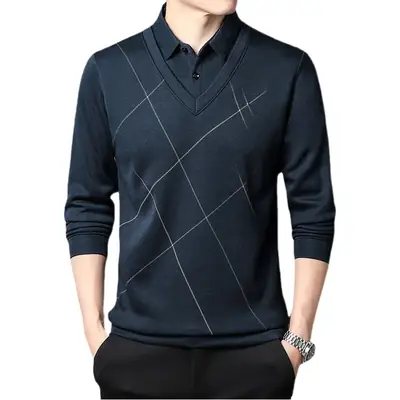 Men Navy V-Neck Long Sleeve T-Shirt