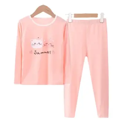Children's Underwear Set Girls' Cartoon Kitten Lycra Cotton Autumn Clothes Autumn Pants Set Middle and Big Children's Autumn and Winter Home Clothes