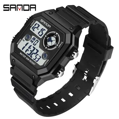 Men's Square Digital Watch Green LED Lumen