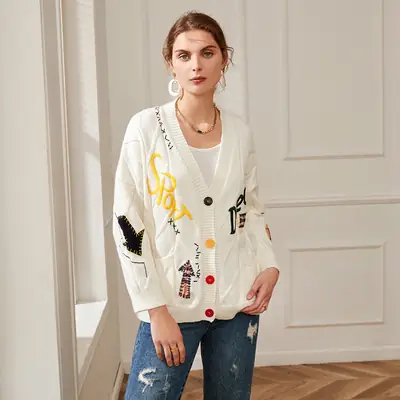2023 Knitwear Cross-Border Cardigan Jacket White Embroidered