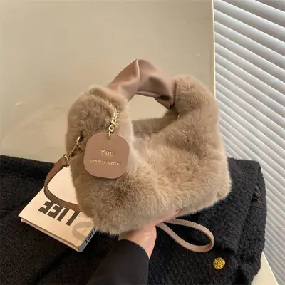 Furry Shoulder Messenger Bag for Women Brown 2022