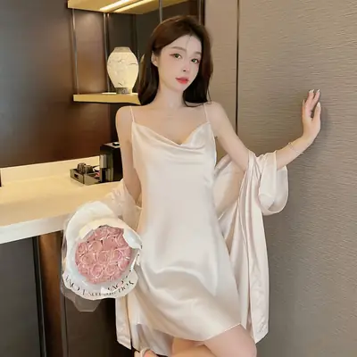 Sexy Pajamas Women's Summer New Sling Nightgown Ice Silk Swing Collar Split Beautiful Back New Home Clothes Cross Border
