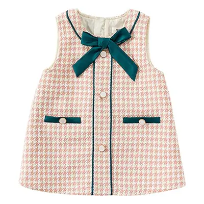 Girls Bow Vest Dress Pink Houndstooth Toddler A-Line