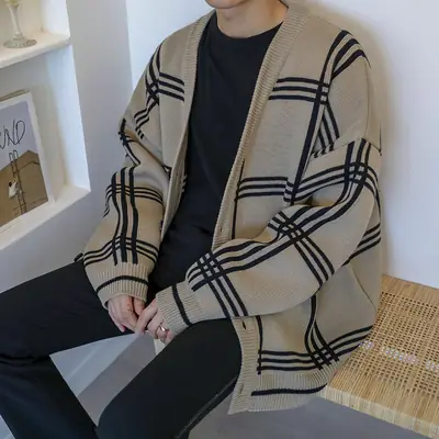 2025 Men's Navy Blue Korean Style Knit Cardigan