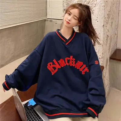 Black Star V-Neck Sweatshirt Women 2022 Winter