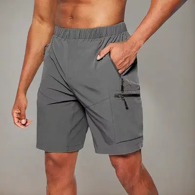 Men's Black Zipper Shorts with Multi-Pockets Large