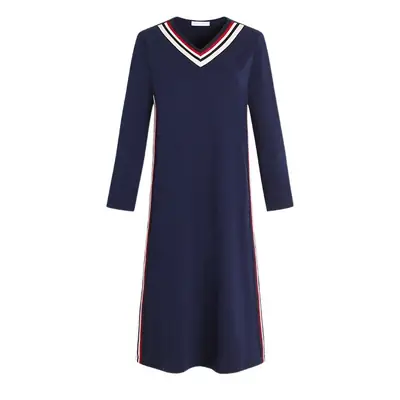 Long Sleeve V-Neck Dress Navy Blue Slimming Plus Size