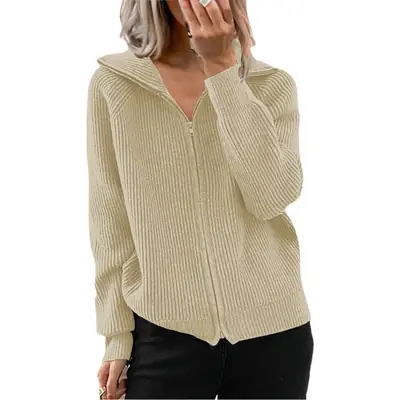 Women Striped Zipper Hoodie Grey Long Sleeve