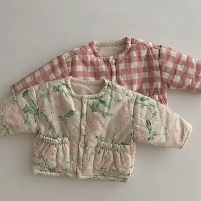 Korean Style Cotton Coat for Baby Women Pink Checkered