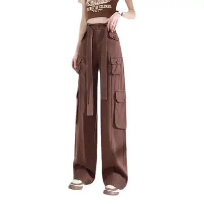 Hot Girl Brown Multi-Pocket Wide Leg Pants for Women