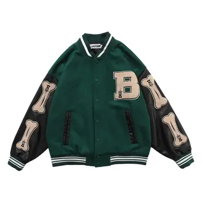 Men's Green Bone Print Baseball Jacket with White Underlayer