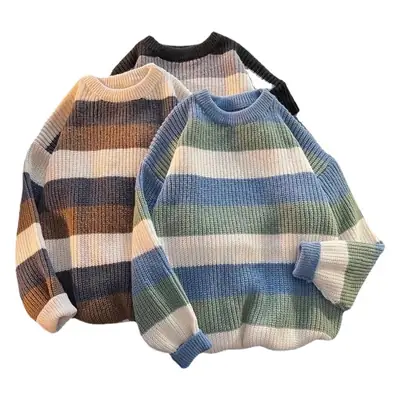 Men's Black White Striped Knit Sweater Retro Hong Kong Style