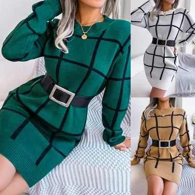 2025 Women's Beige Black Grid Long Sleeve Skirt