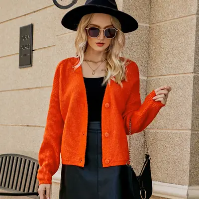 Women V-neck Knitted Cardigan Orange Winter Coat