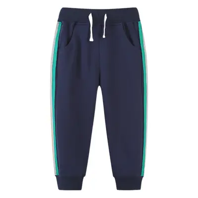 Kids Terry Cotton Pants Navy Blue with Green Stripes