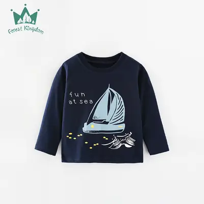 Kids Boys Long Sleeve T-Shirt Navy Blue Sailboat Print