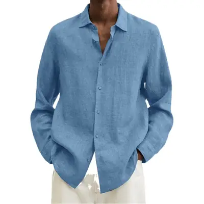 Men Cotton Linen V Neck Shirt Grey 2025 Autumn