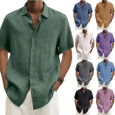 Men V Neck Button Cotton Linen Shirt Purple