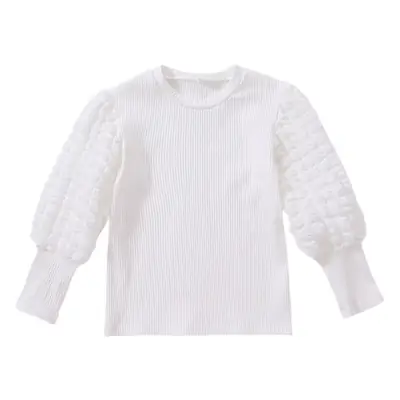 Girls White Cotton Long Sleeve T-Shirt with Lantern Puff Design