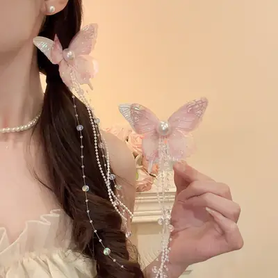 Sweet Pink Bow Pearl Tassel Hairpin for Girls